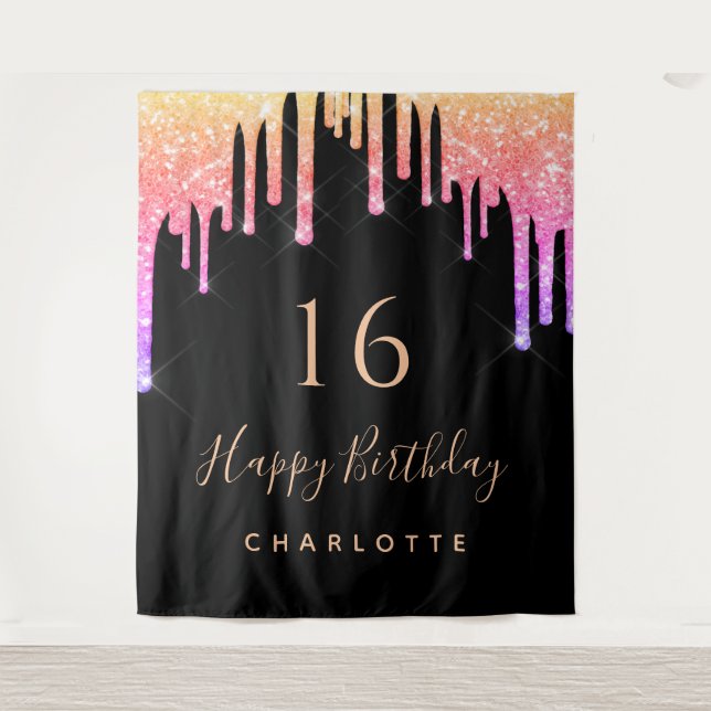 Birthday party black rainbow glitter pink purple tapestry (Front)