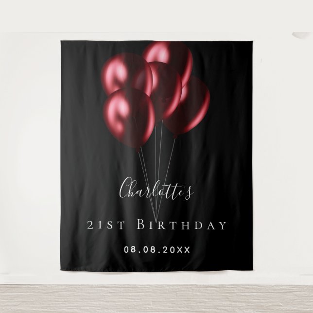 Birthday party black red balloons name  tapestry (Front)