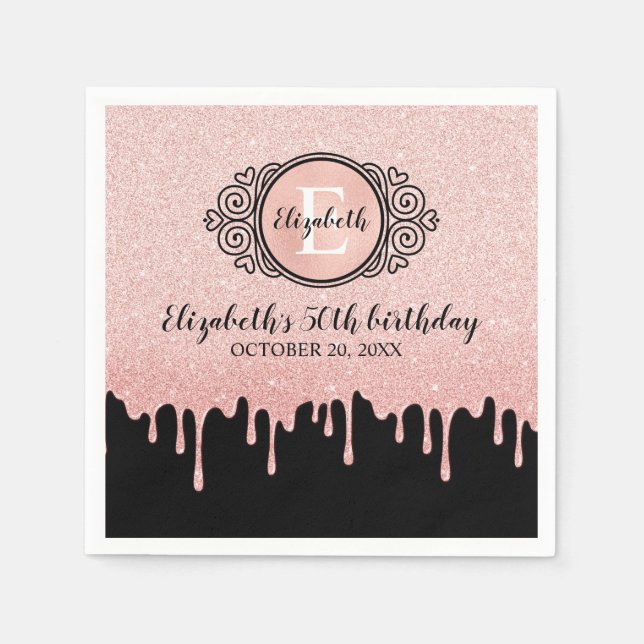 Birthday Party Black Rose Gold Dripping Glitter Napkin (Front)