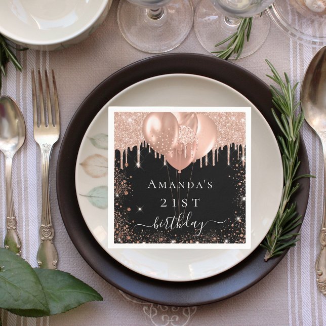 Birthday party black rose gold glitter balloons napkin (Creator Uploaded)