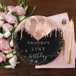 Birthday party black rose gold glitter balloons paper plate<br><div class="desc">For an elegant 21st (or any age) birthday party. A chic black background. Decorated with rose gold faux glitter drips,  paint dripping look,  glitter sparkles and balloons.  Personalise and add the name and age 21.</div>