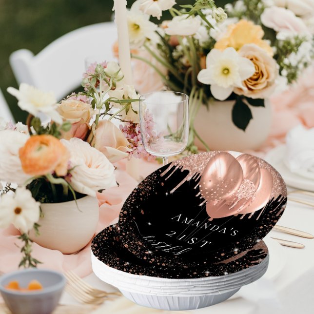 Birthday party black rose gold glitter balloons paper plate (Creator Uploaded)