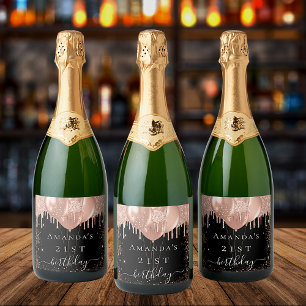 Birthday party black rose gold glitter balloons sparkling wine label
