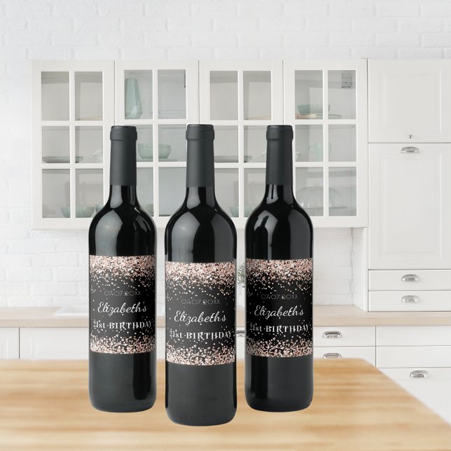 Birthday party black rose gold glitter dust name  wine label (Creator Uploaded)
