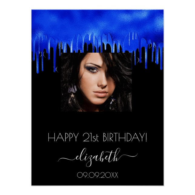Birthday party black royal blue drips photo name poster (Front)