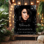 Birthday party black silver glitter photo welcome poster<br><div class="desc">A welcome poster for a 21st (or any age) birthday party. Personalise and add a photo,  a name and age. A classic black background and faux silver glitter dust.
Back: no design.</div>