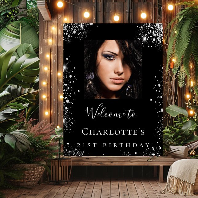 Birthday party black silver glitter photo welcome poster (Creator Uploaded)