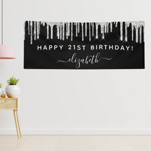 Birthday party black silver glitter sparkle glam banner