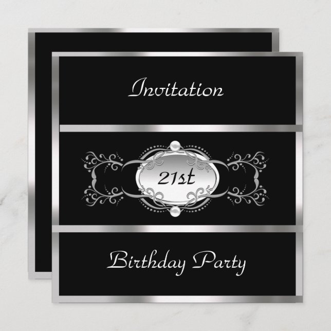 Birthday Party Black Silver Personalised Invitation (Front/Back)