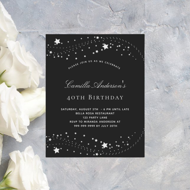 Birthday party black silver stars elegant budget  flyer (Creator Uploaded)