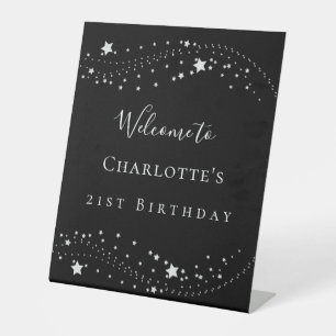 Birthday party black silver stars elegant welcome pedestal sign