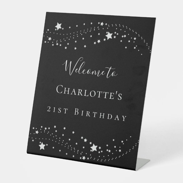 Birthday party black silver stars elegant welcome pedestal sign (Front)