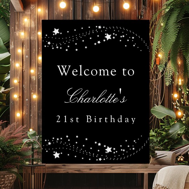 Birthday party black silver stars elegant welcome poster (Creator Uploaded)