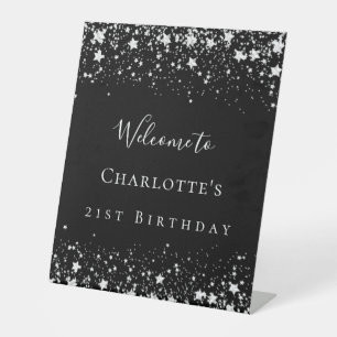 Birthday party black silver stars welcome pedestal sign