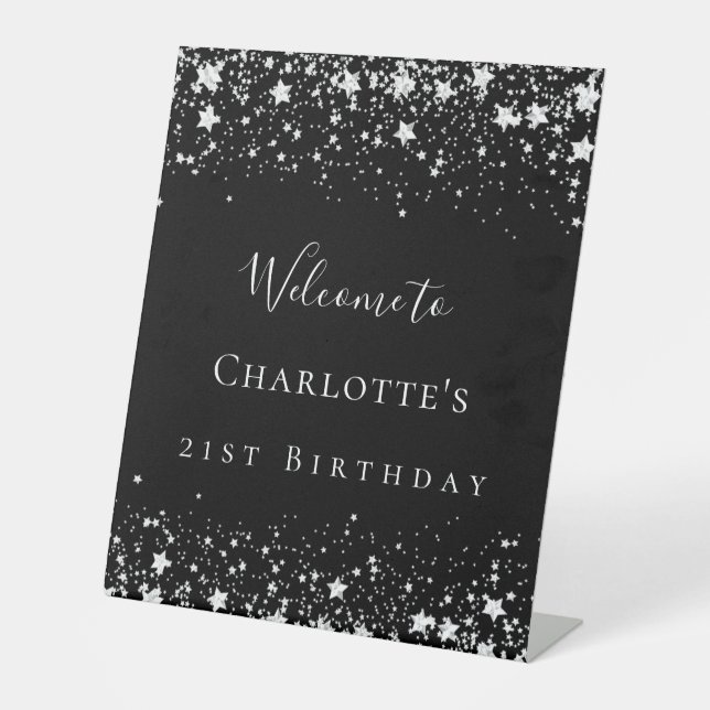 Birthday party black silver stars welcome pedestal sign (Front)
