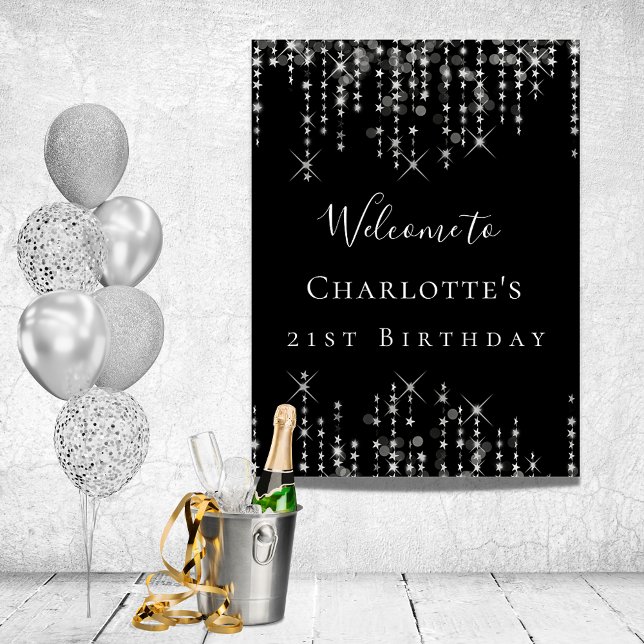 Birthday party black silver stars welcome poster (Creator Uploaded)