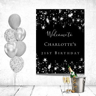 Birthday party black silver stars welcome poster
