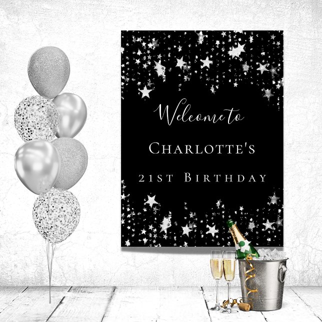 Birthday party black silver stars welcome poster (Creator Uploaded)