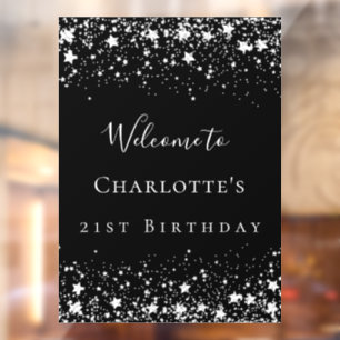 Birthday party black silver stars welcome window cling