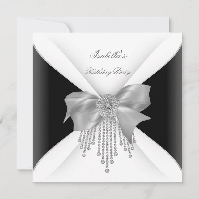 Birthday Party Black Silver White Diamond Bow Invitation (Front)