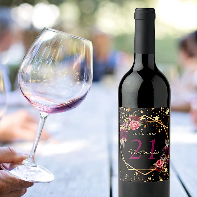 Birthday party black stars burgundy florals name wine label (Creator Uploaded)