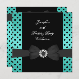 Birthday Party Black Teal Polka Dots Bow Invitation
