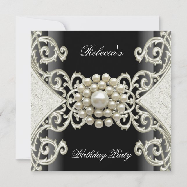 Birthday Party Black White Cream Pearl Invitation (Front)