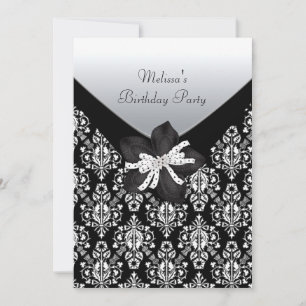 Birthday Party Black White Damask Invitation