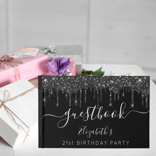 Birthday party black white glitter drips name guest book (Creator Uploaded)