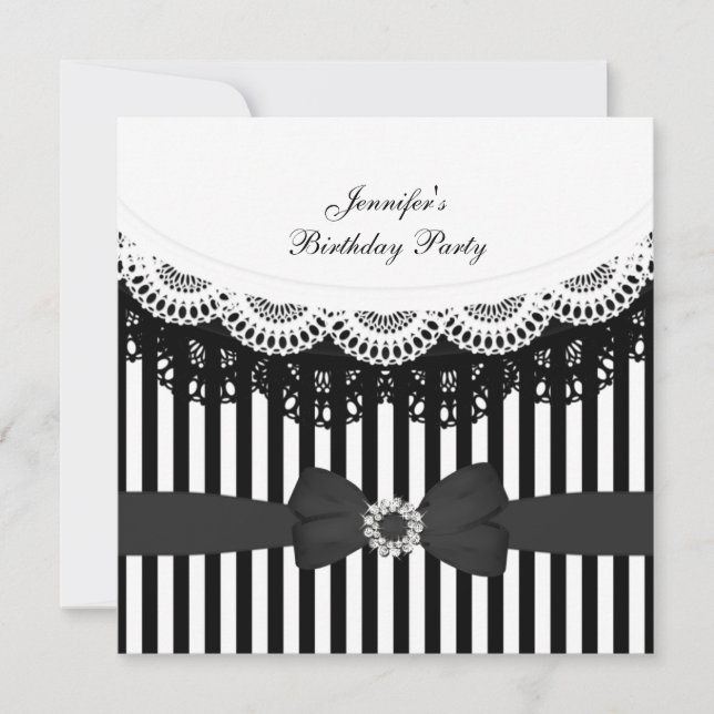Birthday Party Black White Lace Bow Stripe Invitation (Front)