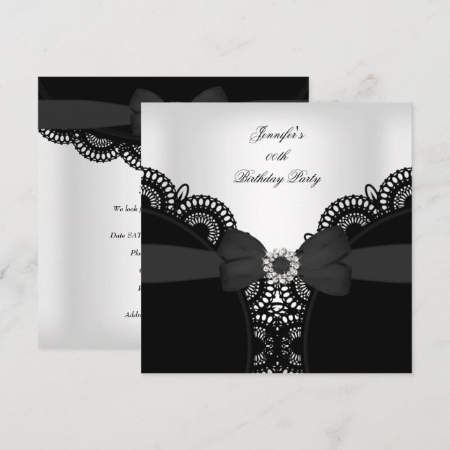Birthday Party Black White Lace Diamond Top Invitation (Front/Back)