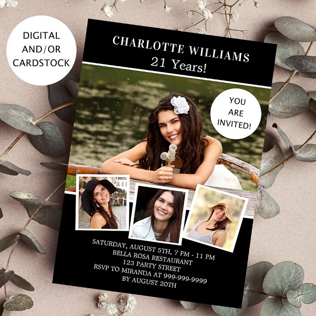 Birthday party black white photo collage invitation (Creator Uploaded)