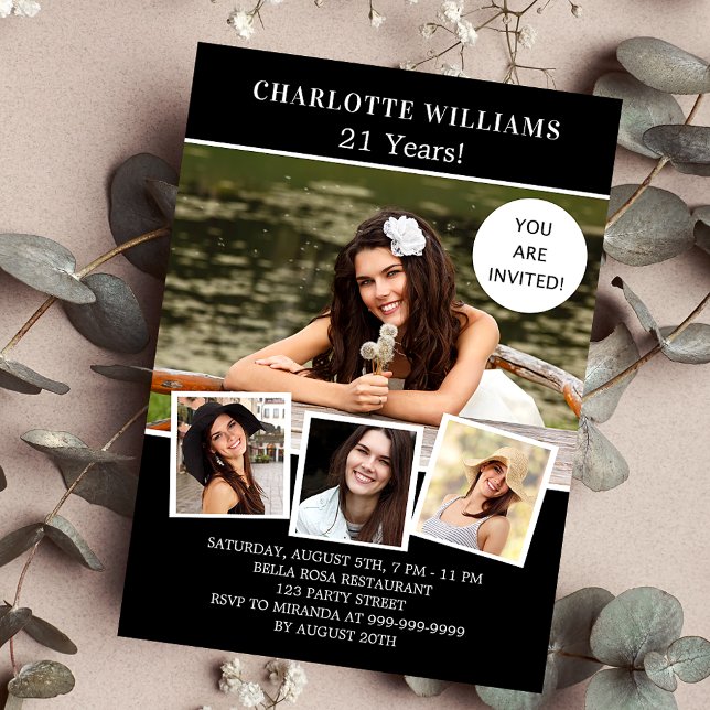 Birthday party black white photo collage luxury invitation (Creator Uploaded)