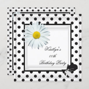 Birthday Party Black White Polka Dot Daisy Invitation