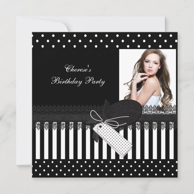 Birthday Party Black White Polka Dots Photo Invitation (Front)