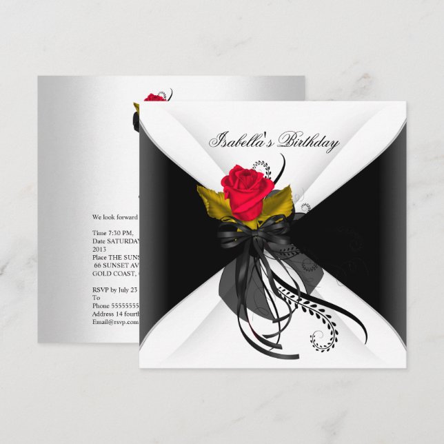 Birthday Party Black White Red Rose Invitation (Front/Back)