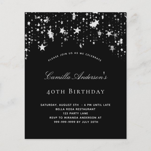 Birthday party black white stars budget invitation flyer (Front)
