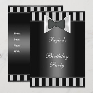 Birthday Party Black White stripe Bow tie Invitation
