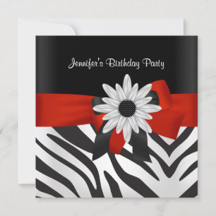 Birthday Party Black Zebra Stripe Red Flower Invitation