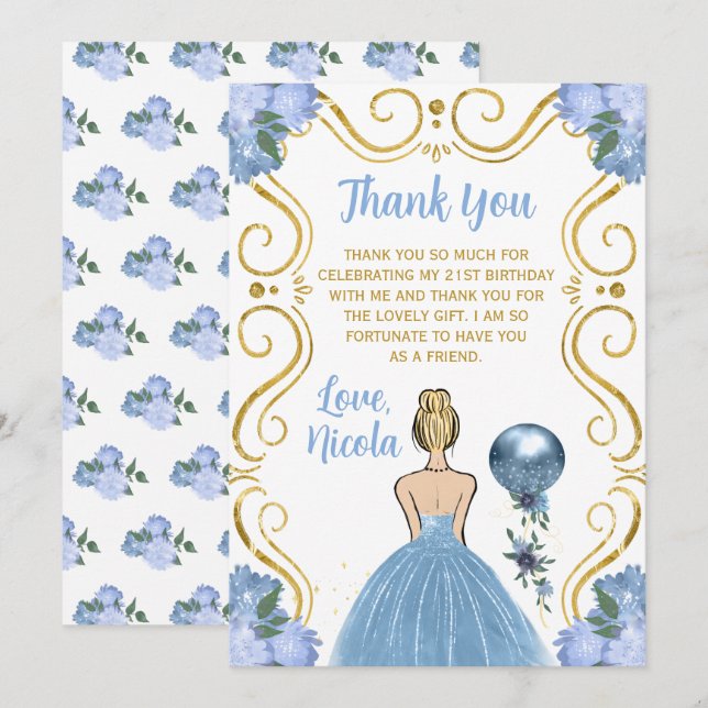 Birthday Party Blonde Princess Blue  Thank You Card (Front/Back)