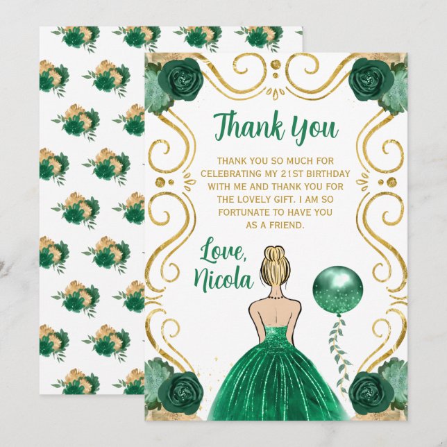 Birthday Party Blonde Princess Green Thank You Card (Front/Back)