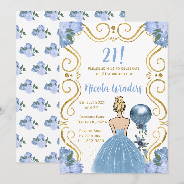 Birthday Party Blonde Princess in Blue Invitation (Front/Back)
