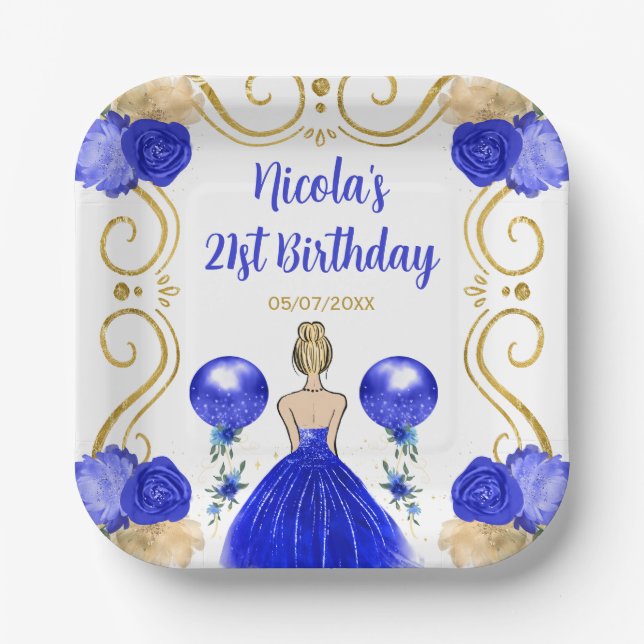 Birthday Party Blonde Princess in Blue Paper Plate (Front)
