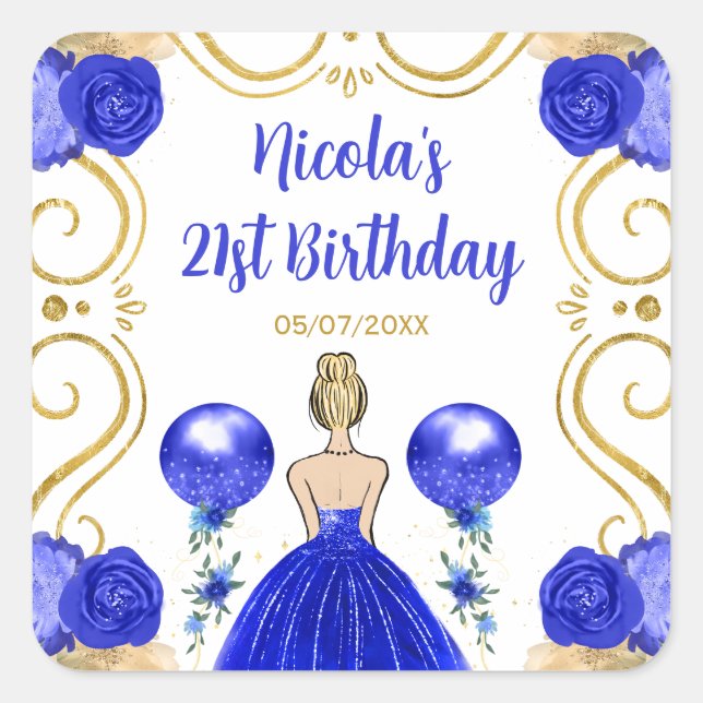 Birthday Party Blonde Princess in Blue Square Sticker (Front)