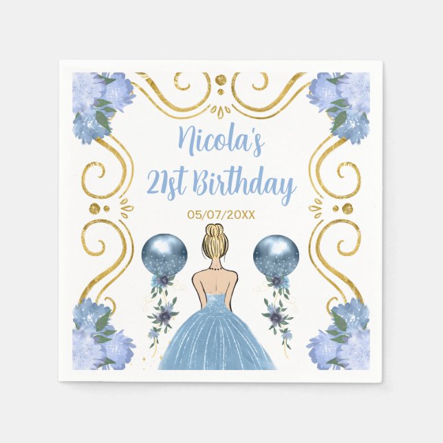 Birthday Party Blonde Princess in Dusty Blue Napkin (Front)