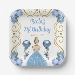 Birthday Party Blonde Princess in Dusty Blue Paper Plate