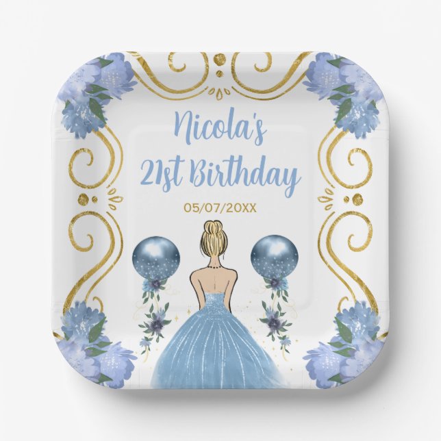 Birthday Party Blonde Princess in Dusty Blue Paper Plate (Front)