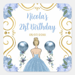 Birthday Party Blonde Princess in Dusty Blue Square Sticker