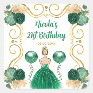 Birthday Party Blonde Princess in Green Square Sticker