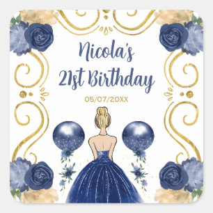 Birthday Party Blonde Princess in Navy Blue Square Sticker
